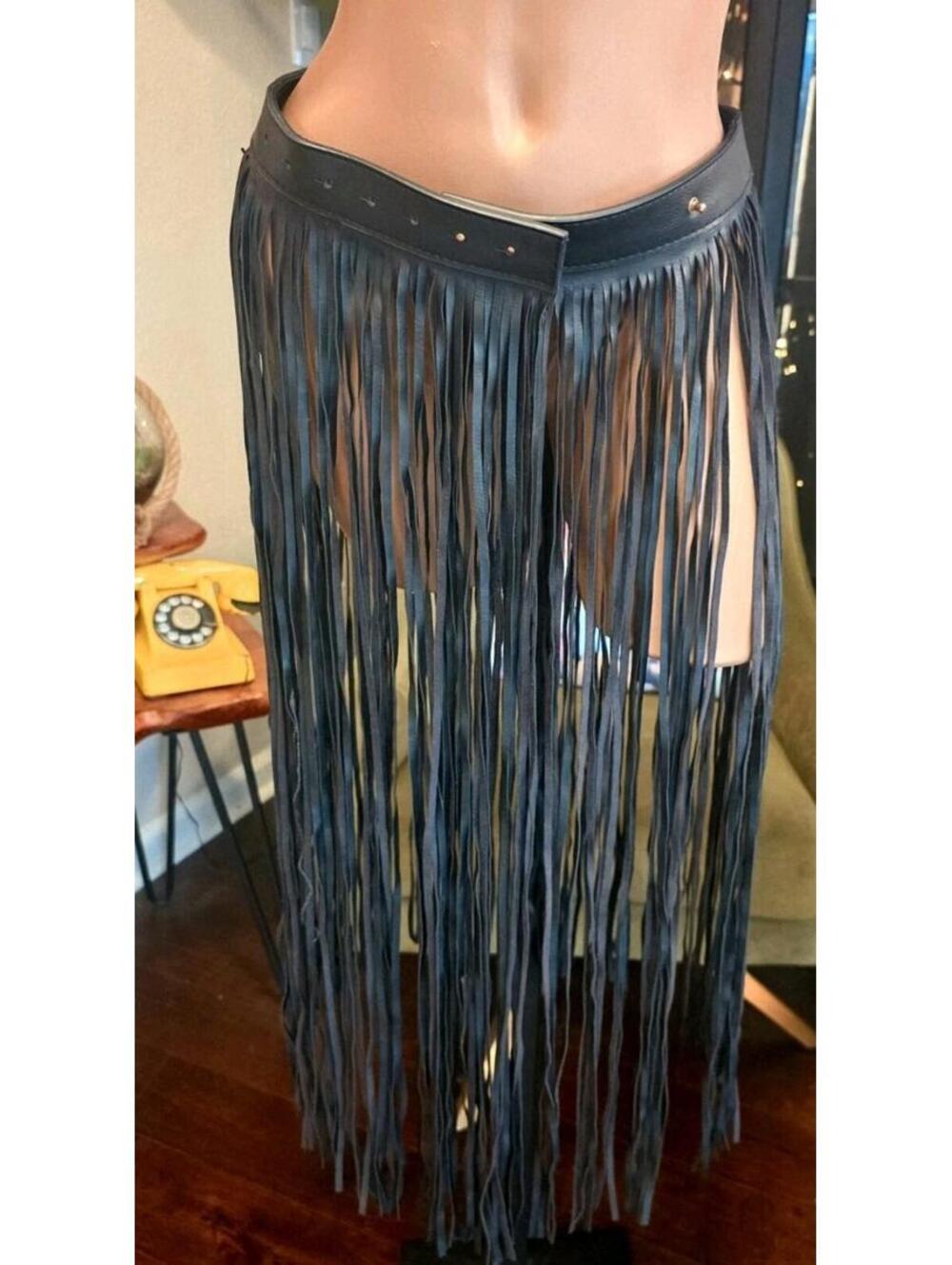 Faux Leather Waistband Long Fringe Tassle Skirt Belt Country Rock S/M